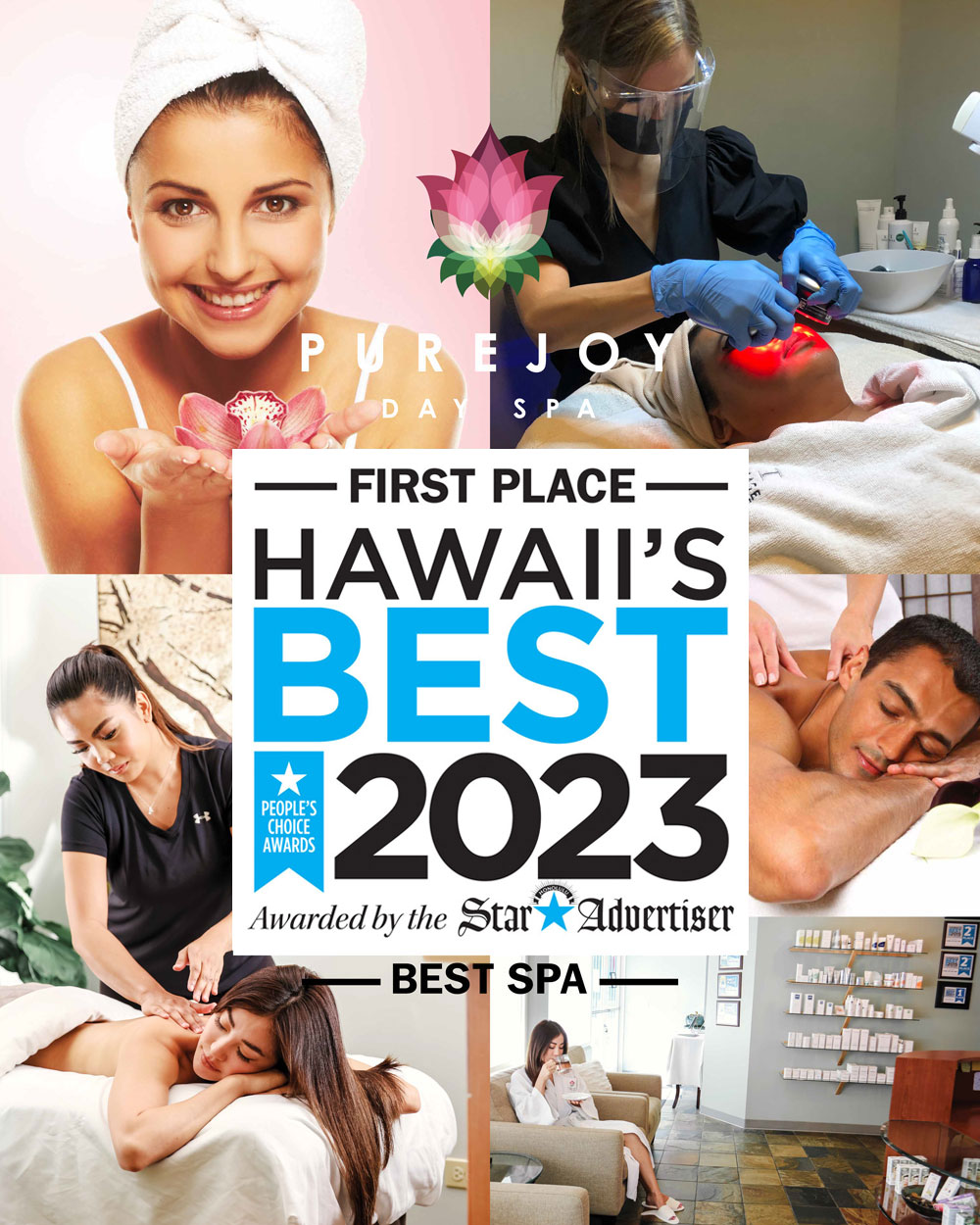 Pure Joy Day Spa Winner of Hawaiiʻs Best Spa 2023, peopleʻs choice award from the Honolulu Star Advertiser
